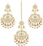 Aheli Indian Traditional Bollywood Faux Kundan Pearl Wedding Chandbali Earrings with Maang Tikka Jewelry Set Gift for Women