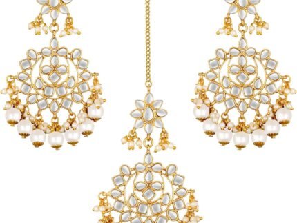 Aheli Indian Traditional Bollywood Faux Kundan Pearl Wedding Chandbali Earrings with Maang Tikka Jewelry Set Gift for Women