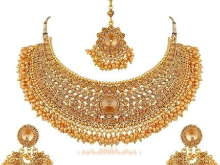 Aheli Indian Wedding Designer Faux Kundan Encrusted Choker Necklace with Maang Tikka Set Party Ethnic Fashion Jewelry Gift for Women