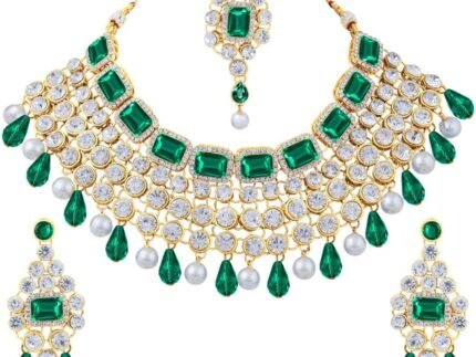 Aheli Kundan Colored Stones Maang Tikka Necklace and Earrings Set Festive