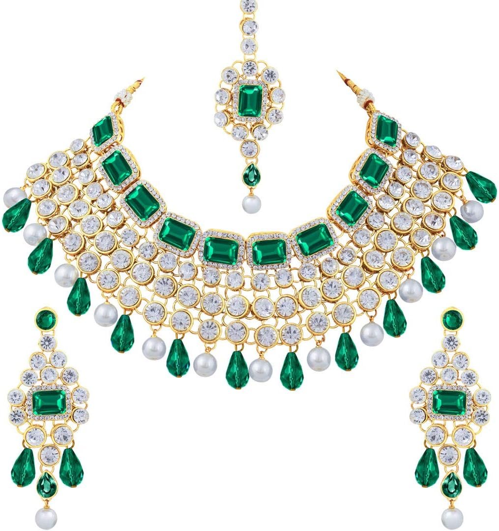 Aheli Kundan Colored Stones Maang Tikka Necklace and Earrings Set Festive Aheli Kundan Colored Stones Maang Tikka Necklace and Earrings Set Festive