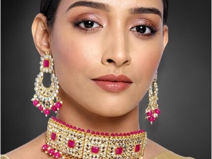 Aheli Kundan Faux Pearl Choker Necklace with Earrings Maang Tikka