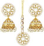 Aheli Kundan Pearl Jhumki Earrings with Maang Tikka Indian Traditional Bollywood Fashion Jewelry Set Gift for Women