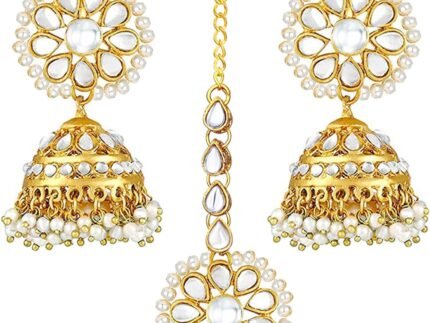 Aheli Kundan Pearl Jhumki Earrings with Maang Tikka Indian Traditional Bollywood Fashion Jewelry Set Gift for Women