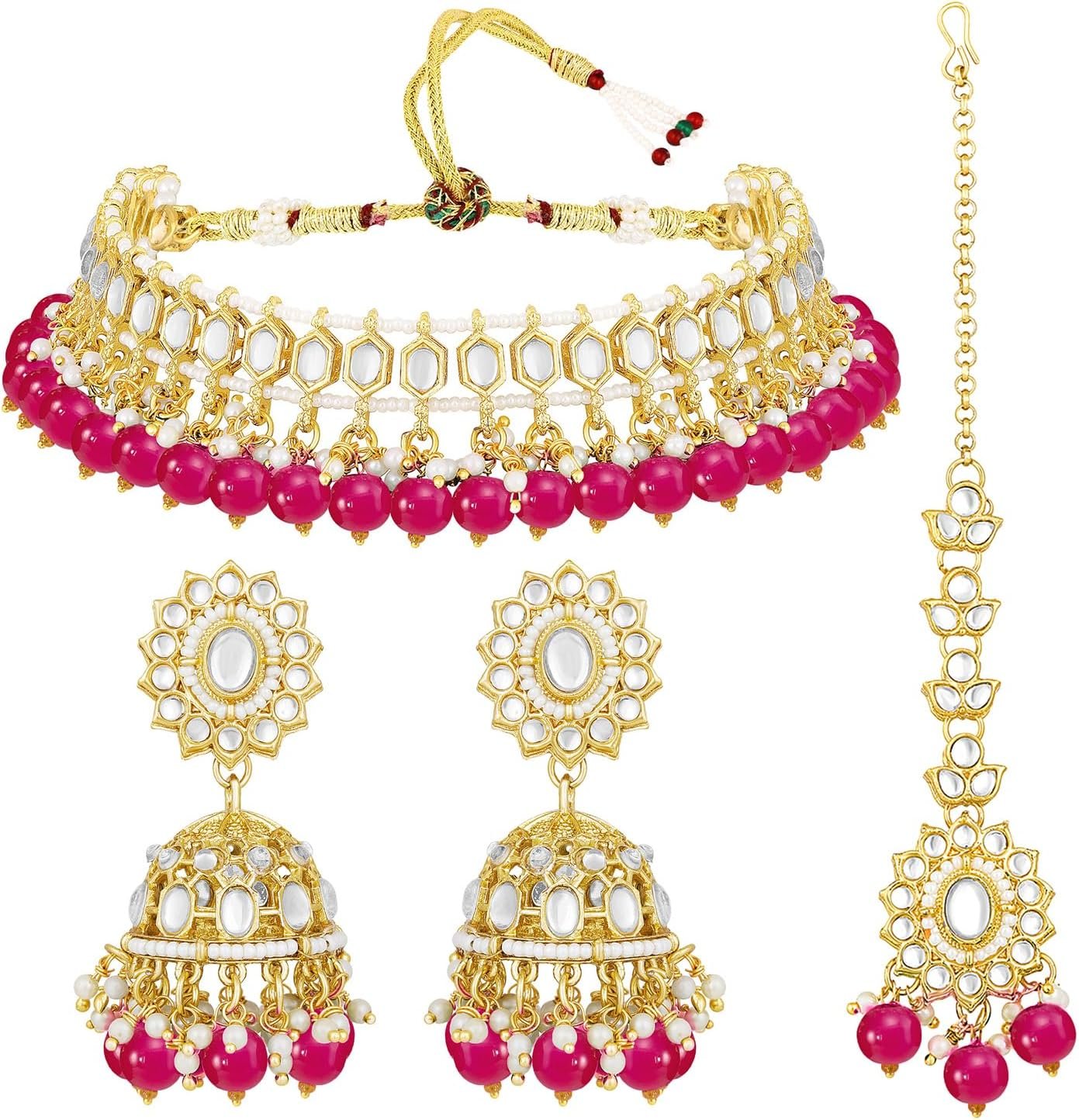 Aheli Kundan Studded Choker Necklace Jhumki Earrings & Maang Tikka Aheli Kundan Studded Choker Necklace Jhumki Earrings & Maang Tikka