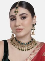 Aheli Kundan and Simulated Colored Stones Indian Ethnic Maang Tikka Necklace and Earrings Set Bollywood Festive Statement Jewelry Gift for Women