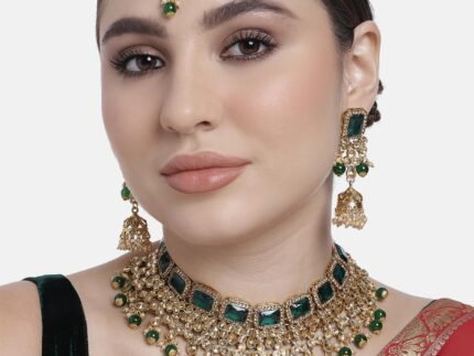 Aheli Kundan and Simulated Colored Stones Indian Ethnic Maang Tikka Necklace and Earrings Set Bollywood Festive Statement Jewelry Gift for Women