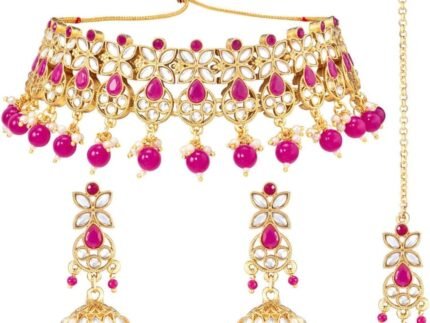 Aheli Traditional Gold Plated Kundan Choker Necklace Jhumki Earring & Maang Tikka Ethnic Jewelry Set Gift for Women