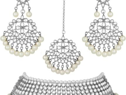 Aheli Wear Kundan Beaded Choker Necklace Set with Maang Tikka Bharatanatyam