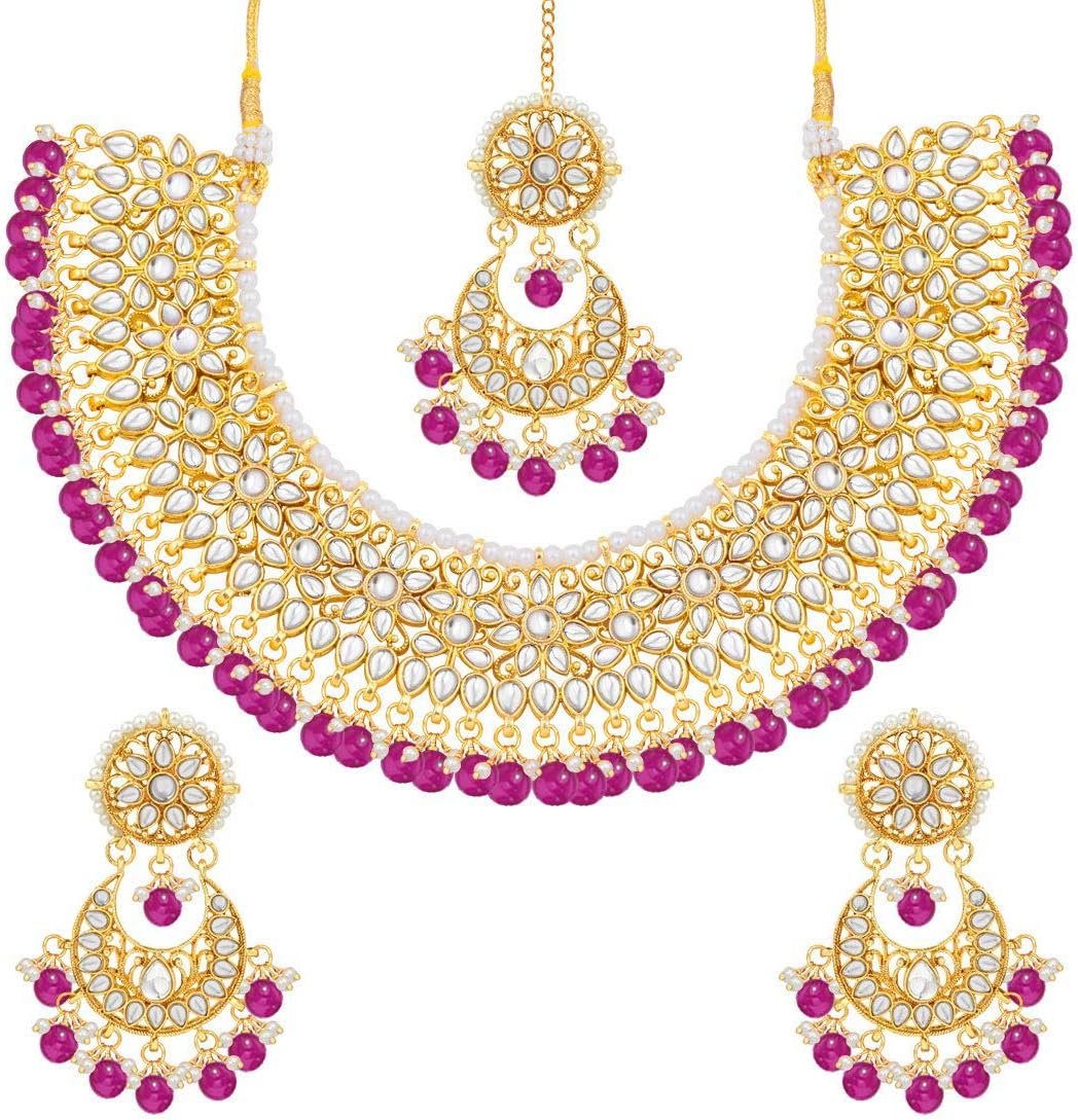 Aheli Wedding & Party Wear Faux Kundan Necklace Earrings with Maang Tikka Indian Traditional Bollywood Jewelry Set Gift for Women Aheli Wedding & Party Wear Faux Kundan Necklace Earrings with Maang Tikka Indian Traditional Bollywood Jewelry Set Gift for Women