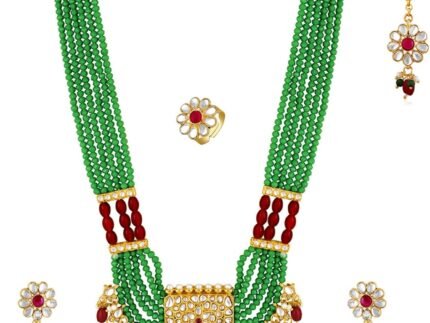 Aheli Women’s Rani Pink Green Kundan & Beads Studded Long Necklace Jhumki Earrings
