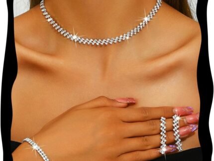 Aukmla Bridal Jewelry Set Silver Sparkly Choker Wedding Necklace Bracelet Earring Sets Prom Necklaces for Women and Brides