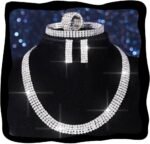 Aukmla Rhinestones Bridal Wedding Jewelry Set Silver Choker Necklaces Earrings Bracelet Ring Sets Prom Jewelry for Women
