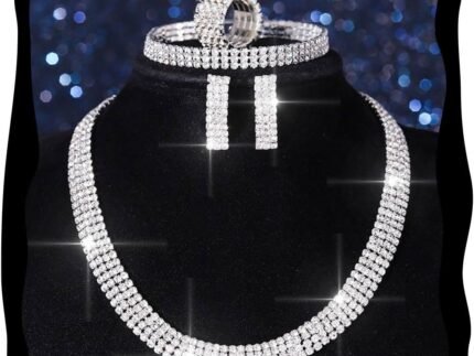 Aukmla Rhinestones Bridal Wedding Jewelry Set Silver Choker Necklaces Earrings Bracelet Ring Sets Prom Jewelry for Women