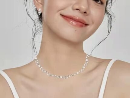 Austrian Crystal Rhinestone Choker Necklace Dangle Earring Link Bracelet Jewelry Set for Brides Bridesmaid Prom Costume Accessories for Women