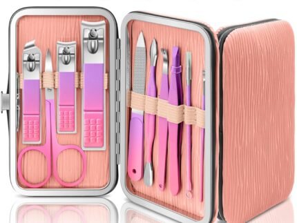 BLESWIN 10 in 1 Manicure Pedicure Kit, Manicure Kit for Women Professional, Mens Nail Grooming Kit, Manicure Tools Gift for Luxury Leather Travel Case for Family Friends (Pink & Purple)