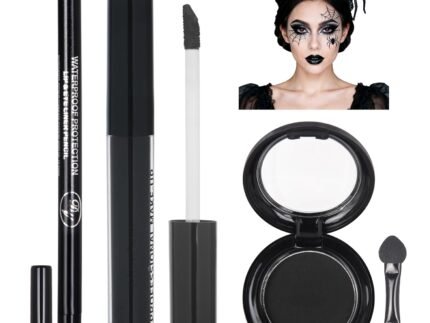 Black Eyeshadow Palette Liquid Lipstick Eyeliner Set with Mini Brush, Smokey Eye Shadow Black Lip Gloss lip liner Set, Smudge Proof Long-lasting, Suitable for Halloween Cosplay Goth Witch Makeup