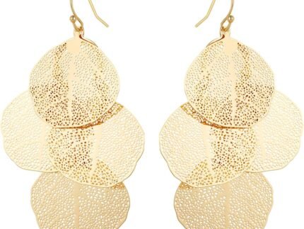 Bohemian Boho Filigree Leaf Chandelier Dangle Earrings for Women – Handcrafted Delicate – 14K Gold Plated – Lightweight