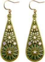 Bohemian Crystal Teardrop Pendant Earring,Vintage Olive Green Hollow Out Flower Floral Dangle Earrings,National Style Geometry Enamel Flower Hook Earrings,Handmade Ethnic Statement Jewelry for Women
