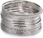 Bohemian Silver Bangle Bracelets Set for Women- Multi Layer Stackable Textured Bracelet Retro Indian Chunky Cable Twisted Wristband for Women Best Friend Wedding Bridal Birthday Party Gift