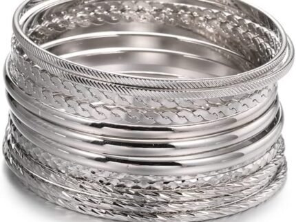 Bohemian Silver Bangle Bracelets Set for Women- Multi Layer Stackable Textured Bracelet Retro Indian Chunky Cable Twisted Wristband for Women Best Friend Wedding Bridal Birthday Party Gift
