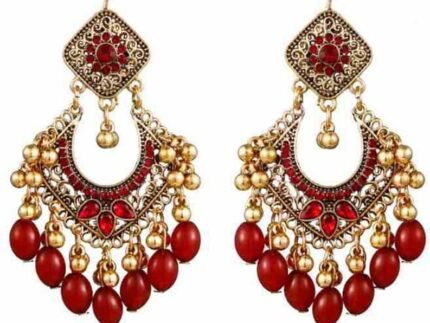 Bollywood Jhumka Earrings for Women Vintage Gold-Tone Plated Chandelier Drop Earring Hook Cubic Zirconia Beaded Design Dangle Tassel Statement Boho Indian Jewelry for Festival Wedding Holiday