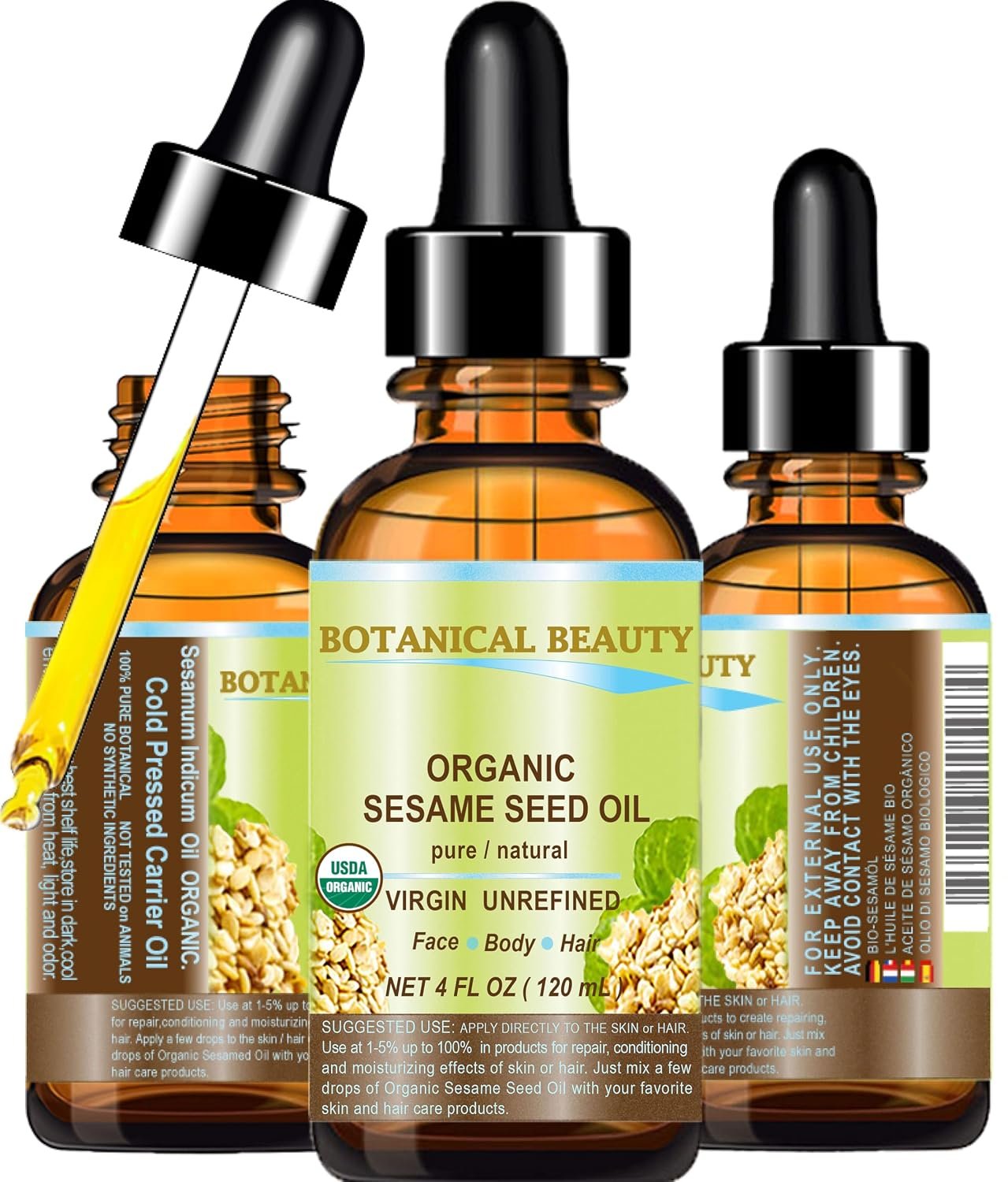Botanical Beauty Organic SESAME SEED OIL 100% Pure Natural Virgin Botanical Beauty Organic SESAME SEED OIL 100% Pure Natural Virgin Unrefined Undiluted Cold Pressed Carrier Oil for Face, Skin, Body, Hair, Massage, Nails (4 Fl Oz 120 ml)