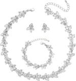 Bridal Wedding Crystal Leaf Choker Necklace Dangle Earring Bracelet Brides Bridesmaid Jewelry Set for Women