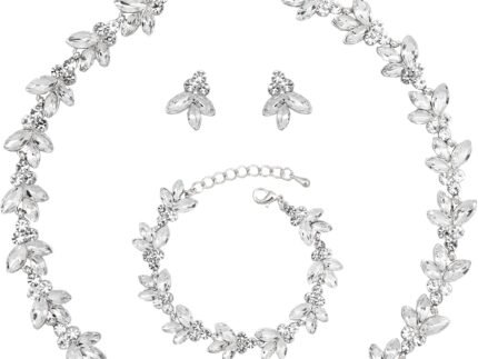 Bridal Wedding Crystal Leaf Choker Necklace Dangle Earring Bracelet Brides Bridesmaid Jewelry Set for Women