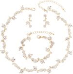 Brides Bridesmaid Flower Leaf Choker Necklace Dangle Earrings Link Bracelet Austrian Crystal Wedding Jewelry Set for Prom Costume Party Accessories for Woman