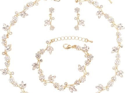 Brides Bridesmaid Flower Leaf Choker Necklace Dangle Earrings Link Bracelet Austrian Crystal Wedding Jewelry Set for Prom Costume Party Accessories for Woman