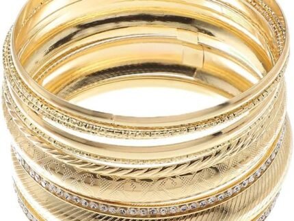 COLORFUL BLING Boho Gold Indian Multi Cuff Bangle Bracelet Layered Rhinestone Pearl Stackable Cable Smooth Bracelet Set Bohemian Jewelry for Women-rhinestone