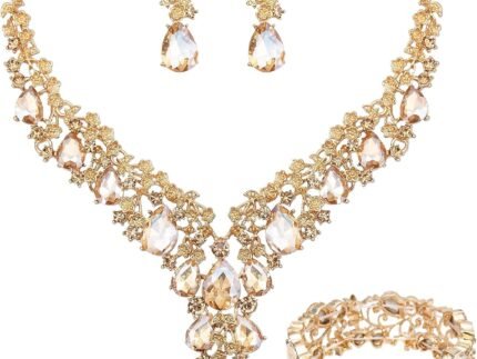 CSY Elegant Crystal Costume Jewelry Sets Flower Bridal Necklace Earrings Stretch Bangle Set for Bride Bridesmaid Wedding Dress Accessories
