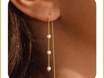 Carffordo Pearl Earrings for Women, 14K Gold Plated Drop Threader Earring
