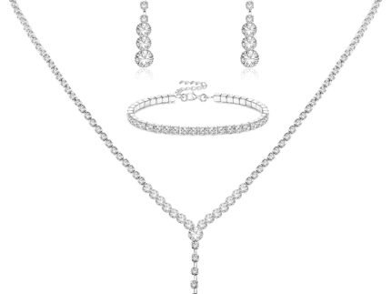 Crystal Silver Necklace and Earrings with Crystal Bracelet for Women