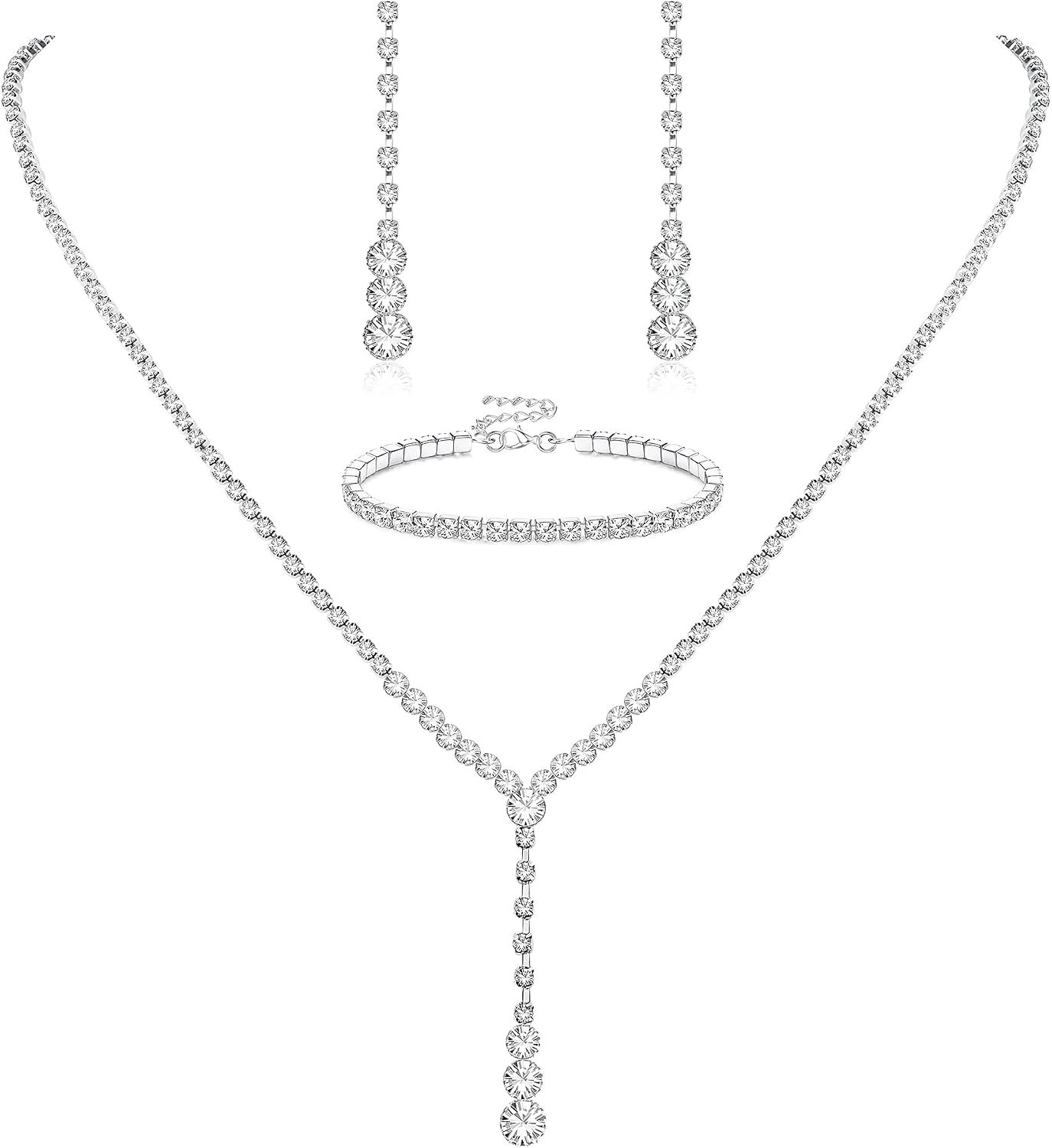 Crystal Silver Necklace and Earrings with Crystal Bracelet for Women Crystal Silver Necklace and Earrings with Crystal Bracelet for Women