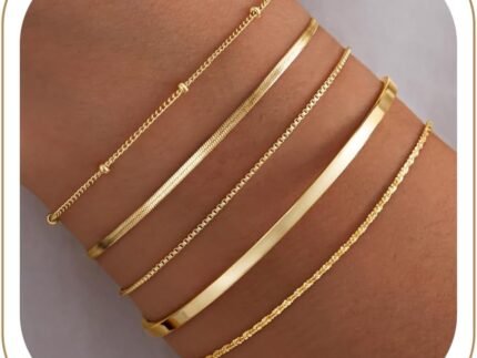 Dainty Gold Bracelet for Women Trendy Non Tarnish, Thin Bracelets Stackable Set with Bangle Cuff, Box, Herringbone, Paperclip, Figaro, Sparkling Link Chains Waterproof, Simple Jewelry Gifts for Women