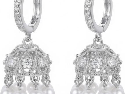 Dainty Jhumka Bell Pearl CZ Small Hoop Dangle Drop Earrings for Women 925 Sterling Silver Pin Beaded Pearls Tassel Indian Traditional Bollywood Jhumki Huggie Hoops Earring Boho Jewelry Bridal Wedding