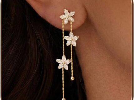 Dangle Earrings for Women, Formal Wedding Bridal Drop Earrings 14k Gold Plated Long Gold Earrings for Women Trendy Hypoallergenic Dangling Prom Earrings Waterproof Jewelry
