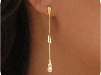 Dangle Earrings for Women Trendy, 14K Gold Plated CZ Huggie Drop Earrings, Dainty Long Chain Prom Wedding Jewelry Gift for Her