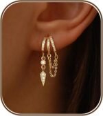 Dangle Earrings for Women,14k Gold Plated Triple Huggie Stud Earrings Cute Statement Chain Earring Dainty Drop Earrings for Women Trendy Gold Plated Jewelry