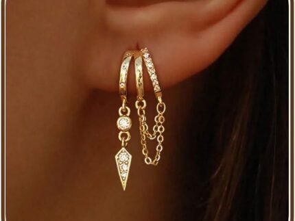 Dangle Earrings for Women,14k Gold Plated Triple Huggie Stud Earrings Cute Statement Chain Earring Dainty Drop Earrings for Women Trendy Gold Plated Jewelry
