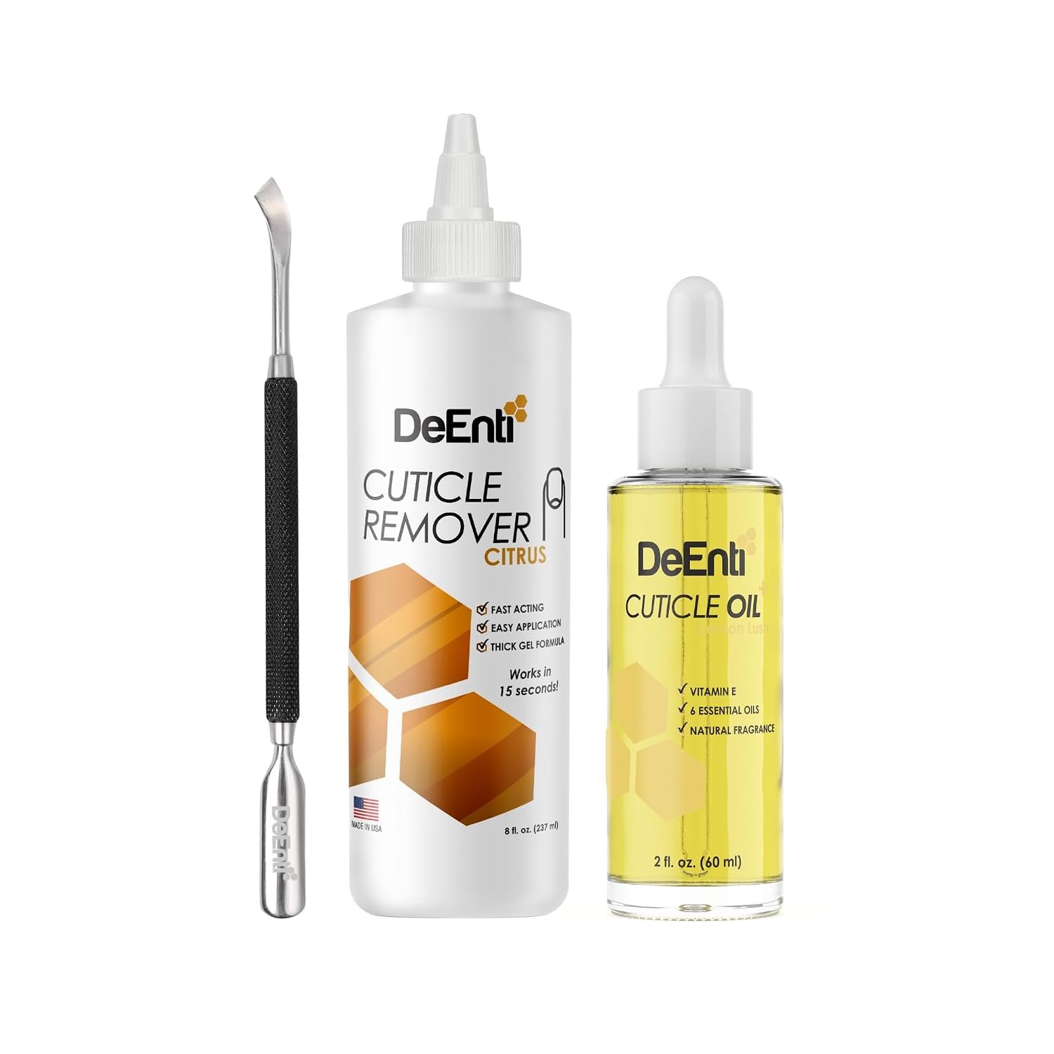 DeEnti Cuticle Set, Cuticle Remover Liquid and Oil with Pusher Tool, Citrus DeEnti Cuticle Set, Cuticle Remover Liquid and Oil with Pusher Tool, Citrus