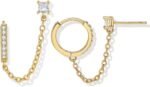 Double Piercing S925 Silver CZ Chain Earrings for Women 18K Gold Plated