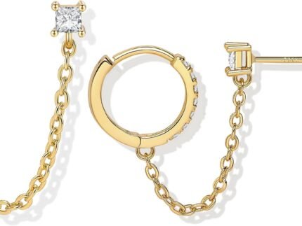 Double Piercing S925 Silver CZ Chain Earrings for Women 18K Gold Plated