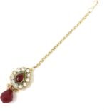Duel On Jewel Traditional Indian Maang Tikka Matha Patti Forehead Headpiece for Women, Gold Plated Bridal Hair Dance Party Jewelry in Kundan CZ Red Green White Stones, Teardrop Charms, 4.25-5.5 Inch