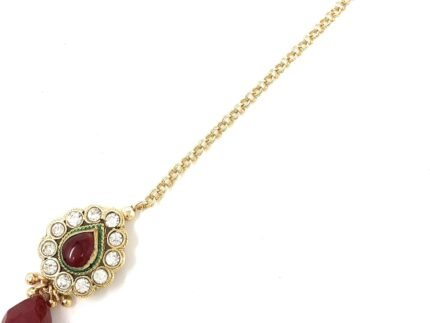 Duel On Jewel Traditional Indian Maang Tikka Matha Patti Forehead Headpiece for Women, Gold Plated Bridal Hair Dance Party Jewelry in Kundan CZ Red Green White Stones, Teardrop Charms, 4.25-5.5 Inch