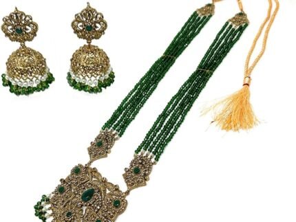 Duel On Jewel Traditional Indian Pakistani Multi-Strand Rani Haar Pendant Necklace Sets for Women, Gold-Plated with Pearls and Beads, Dangle or Chandelier Earrings, Bridal Wedding Party Gift Jewelry