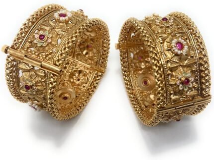 Duel On Jewel Women’s Gold Plated Bangle Bracelet Set, Openable Indian Kangan Kada Collection, Polki & Kundan Designs, Floral, Teardrop & Geometric Styles, Festive Bridal Jewelry, Medium Size 2-6