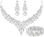 Elegant Bridal Wedding Jewelry Set for Women/Brides/Bridesmaids Teardrop Crystal Leaf Cluster Jewelry Set for Wedding Prom Party Bridal Bridesmaids Rhinestone Crystal Necklace Earrings Bracelet Set